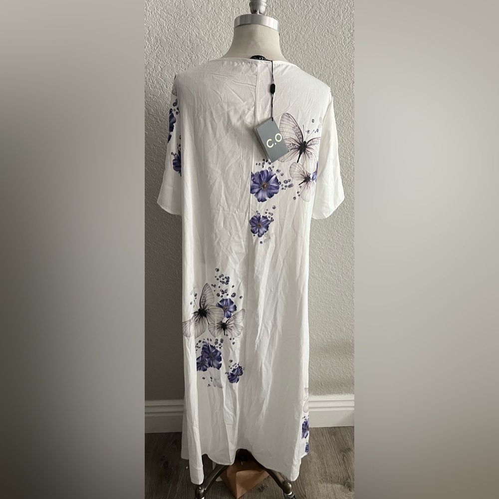 C.O.Z.Y white w purple flowers long house coat dress / nightgown loungewear XL - Picture 5 of 5